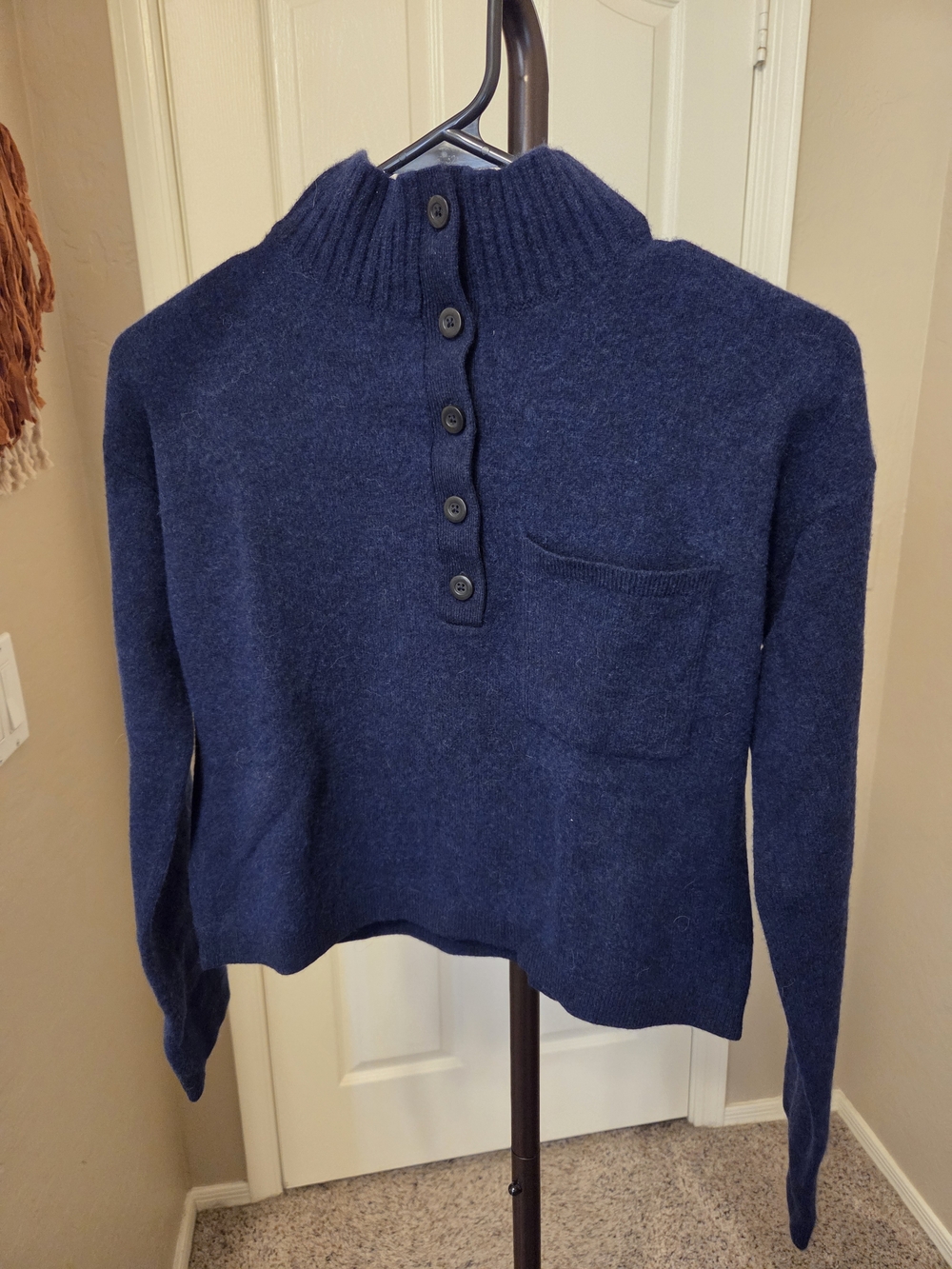 Everlane Navy Mock Neck Button Pullover Sweater - Recycled Cashmere/Wool